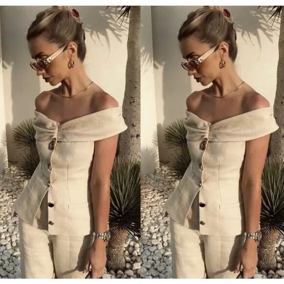 ZARA Strapless Linen Fitted Blazer NWT | Sand Tan | Structured Top - Picture 14 of 16